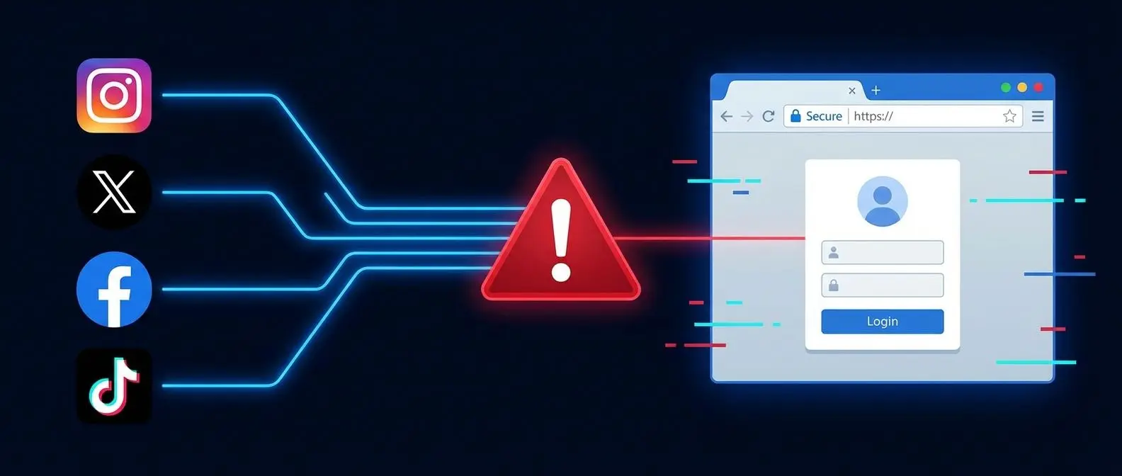 Ícones de redes sociais com alerta de phishing em destaque